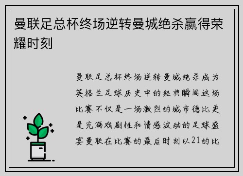 曼联足总杯终场逆转曼城绝杀赢得荣耀时刻 曼联足总杯终场逆转曼城绝杀赢得荣耀时刻